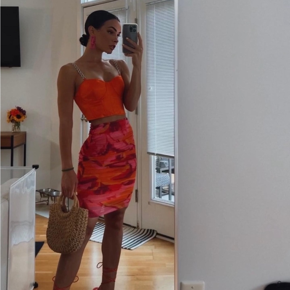 AKIRA | Pink Orange Pencil Skirt Knee-Length Ruched Cocktail